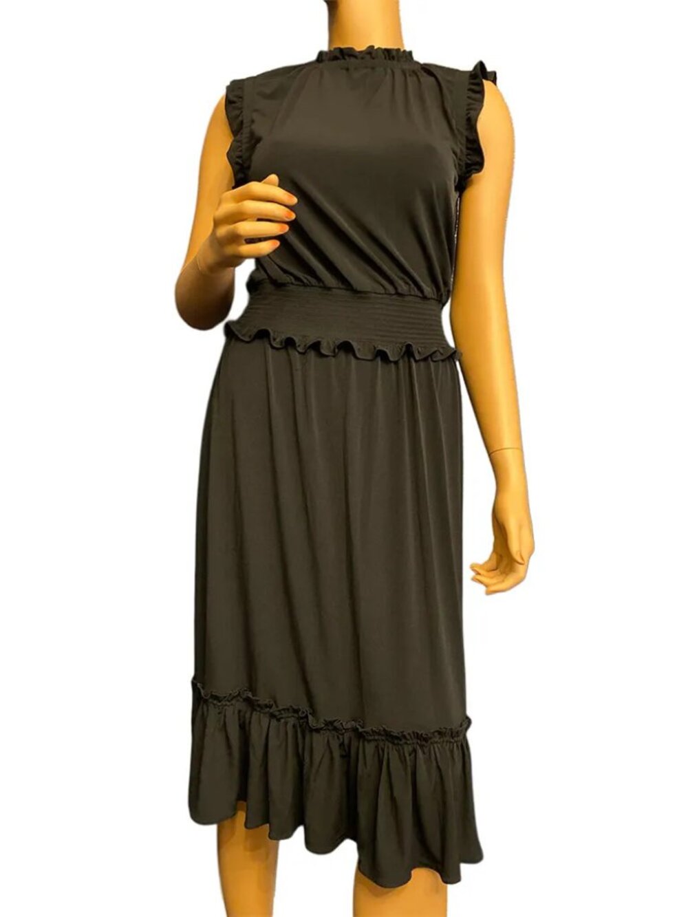 Michael Kors Smocked Waist Ruffle Trim Midi Dress